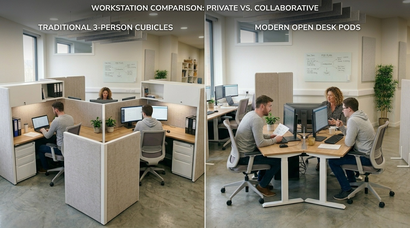 3-Person Office Cubicle Workstations vs. Open Desk Pods Estaciones de trabajo con cubículos de oficina para 3 personas frente a módulos de escritorio abiertos