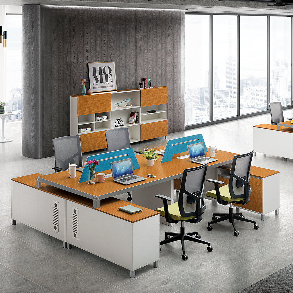 Moderna estación de trabajo de oficina de bambú en forma de L con gabinetes laterales|Para 4 personas|Cuatro asientos