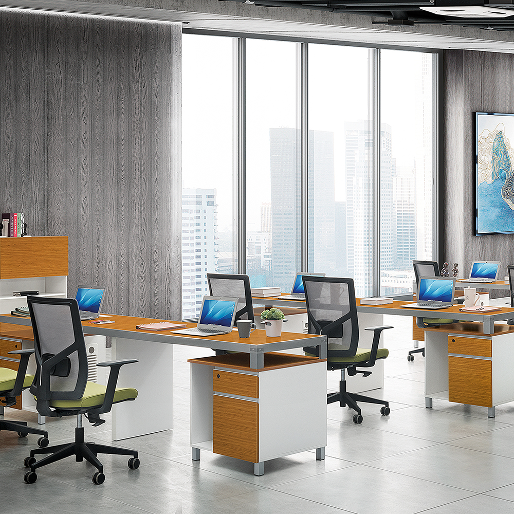 Estación de trabajo de oficina moderna con forma de línea de Bambú con host de computadora|Para 2 personas|Asientos dobles