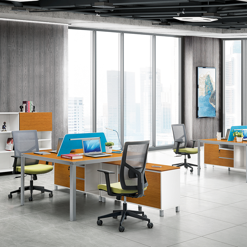Moderna estación de trabajo de oficina de bambú en forma de L con gabinetes laterales|Para 2 personas|Asientos dobles