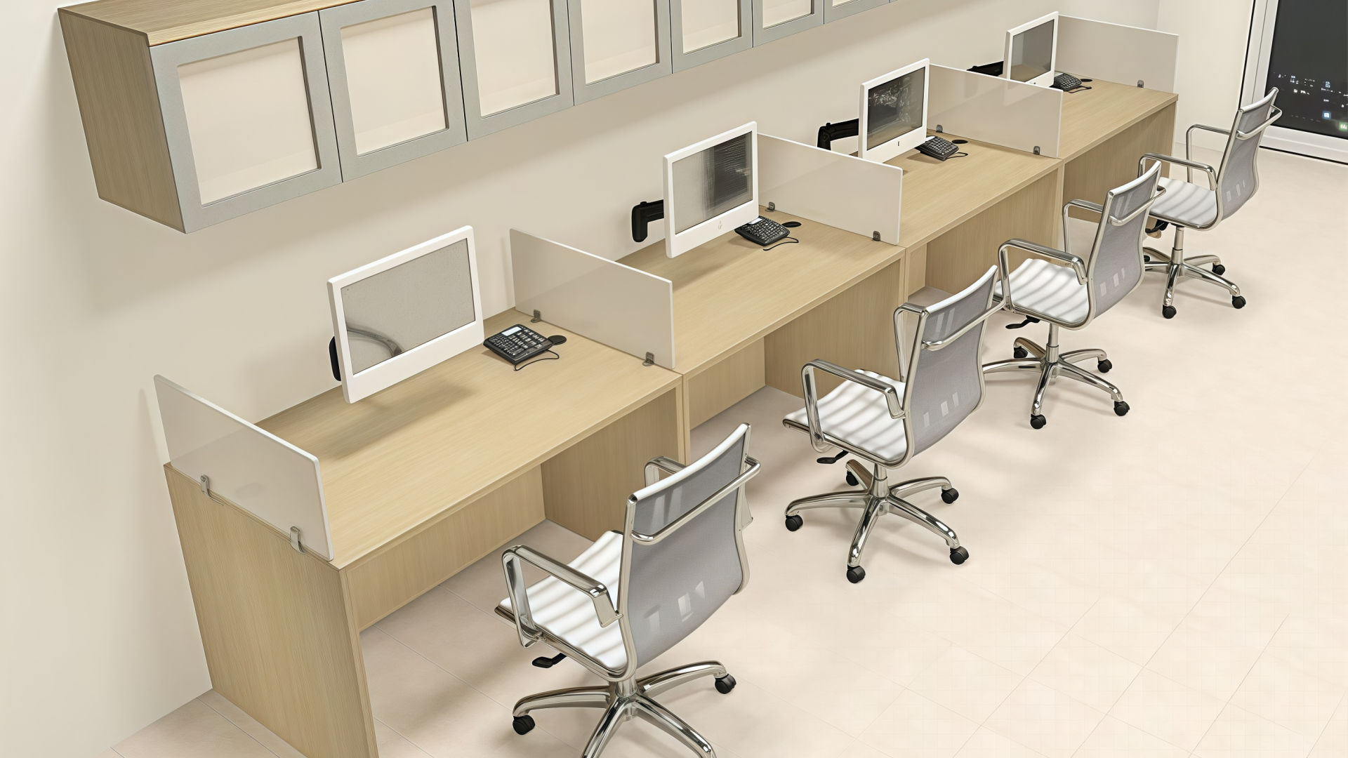 Row layout (three desks in a line) Disposición en fila (tres escritorios en fila)