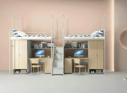 Dormitorio con cama y escritorio integrados