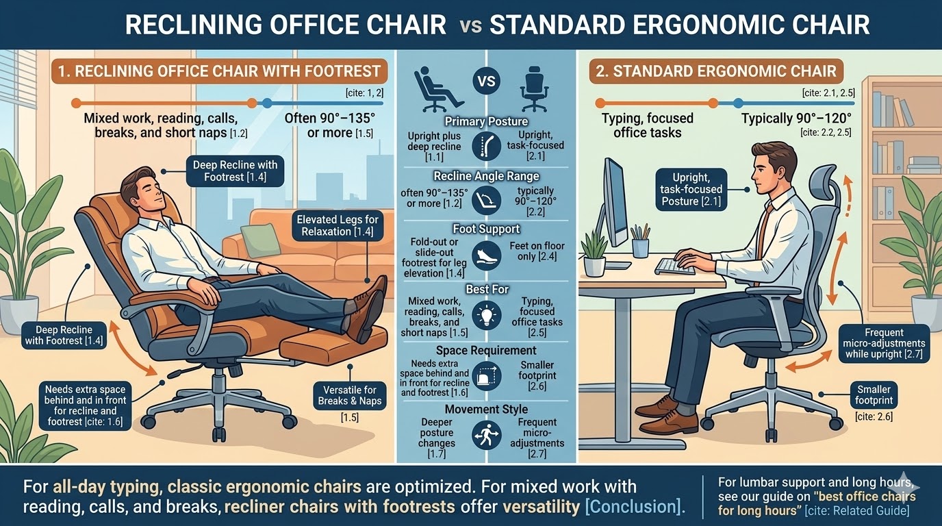 Reclining Office Chair vs. Standard Ergonomic Chair Silla de oficina reclinable versus silla ergonómica estándar