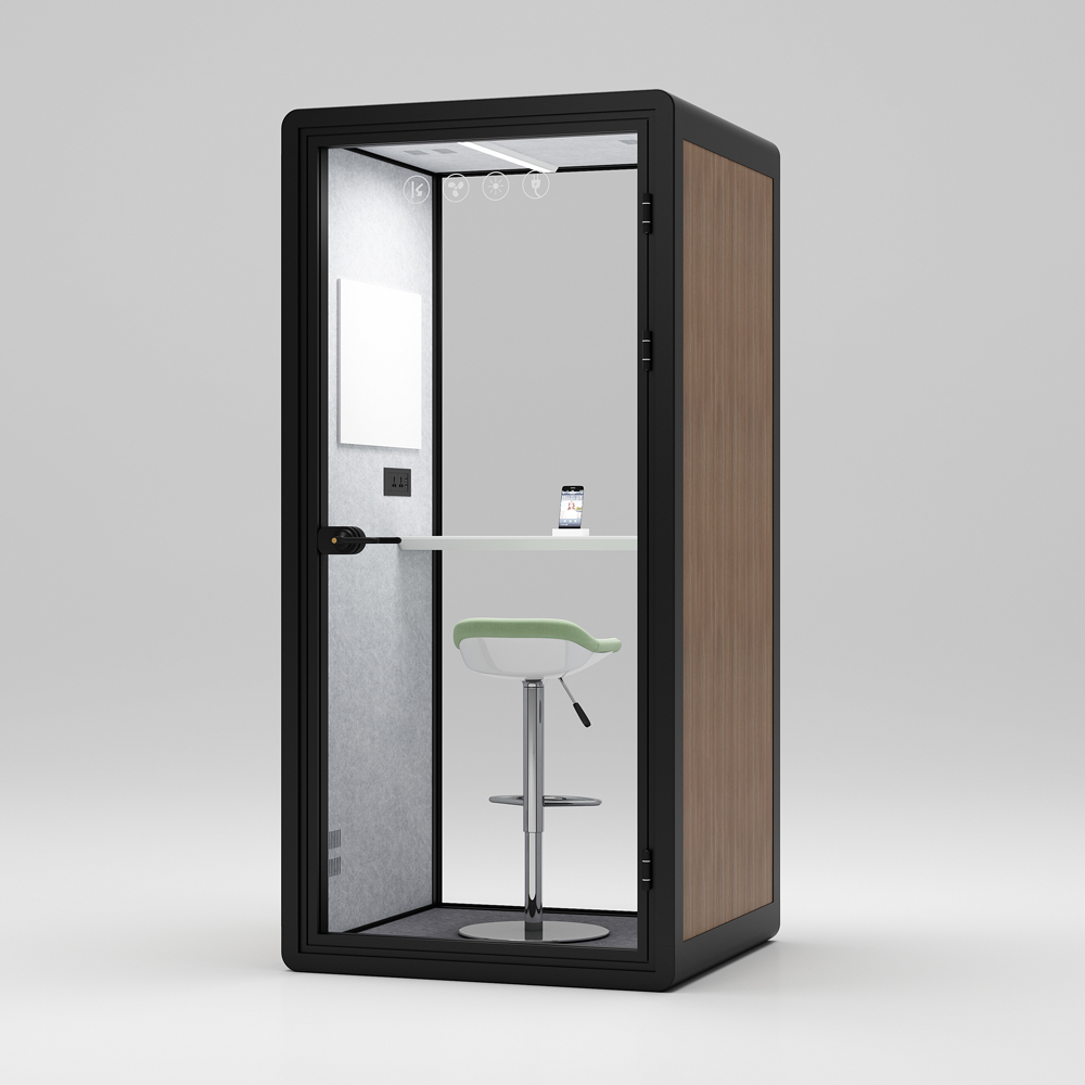 Cabina telefónica de oficina de color de veta de madera con marco negro HongYe para espacio de privacidad para una sola persona