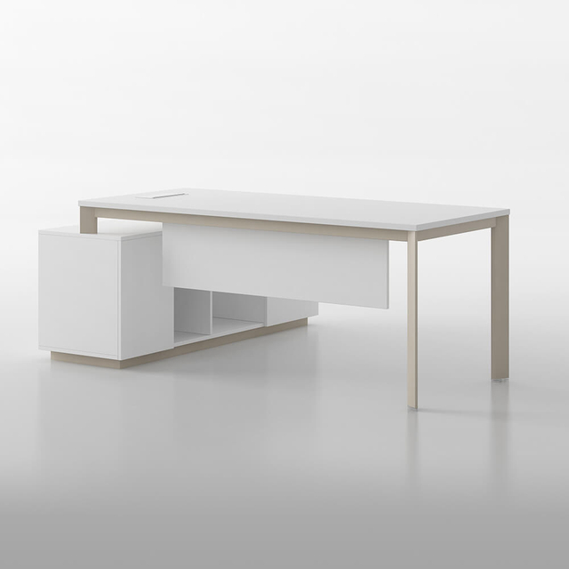 Estación de trabajo de mesa de oficina con computadora de escritorio en forma de L