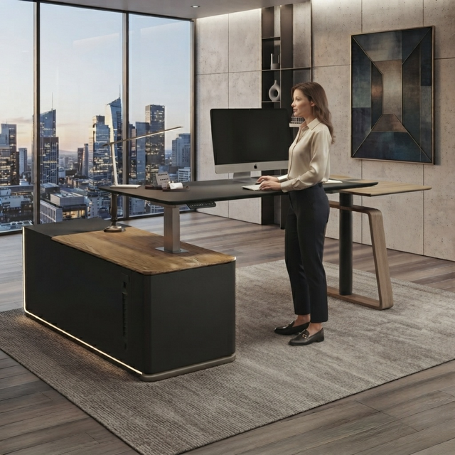 Escritorio ejecutivo de pie, mesa de oficina de madera ajustable en altura