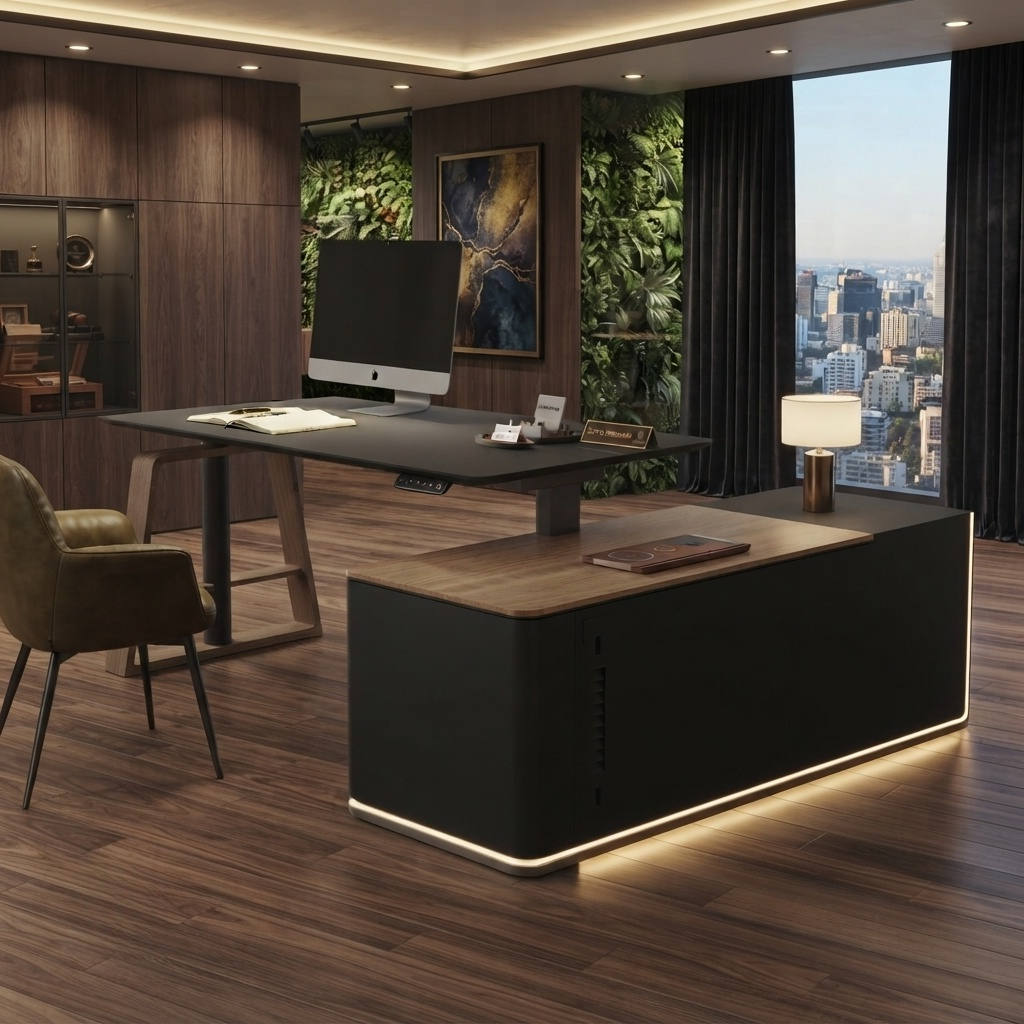 Escritorio ejecutivo de pie, mesa de oficina de madera ajustable en altura