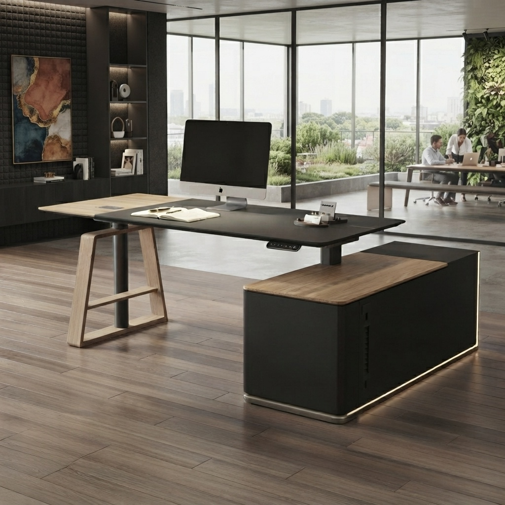 Escritorio ejecutivo de pie, mesa de oficina de madera ajustable en altura